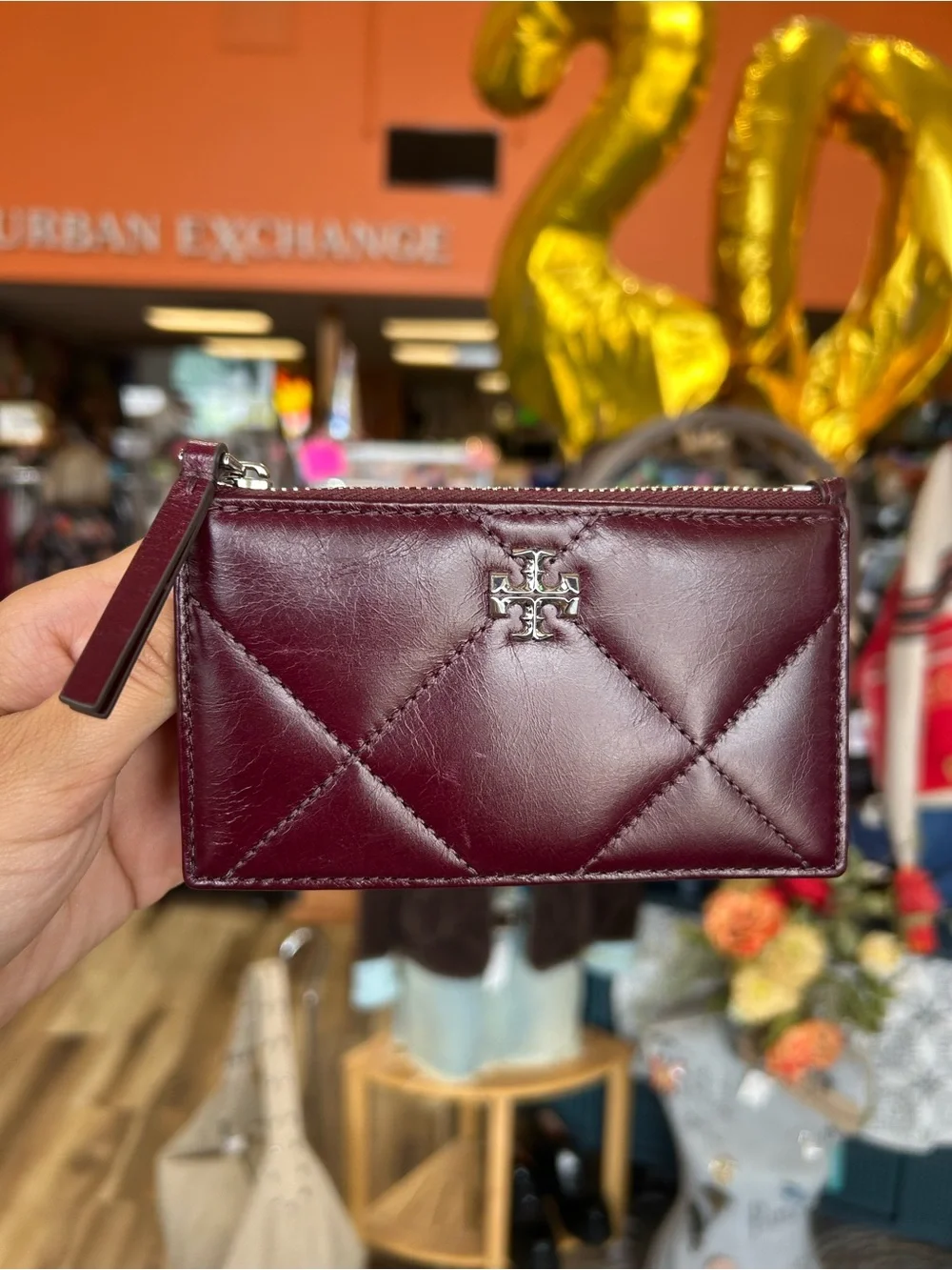 Tory Burch Kira Diamond Quilt Zip Card Case in Dark Carmine